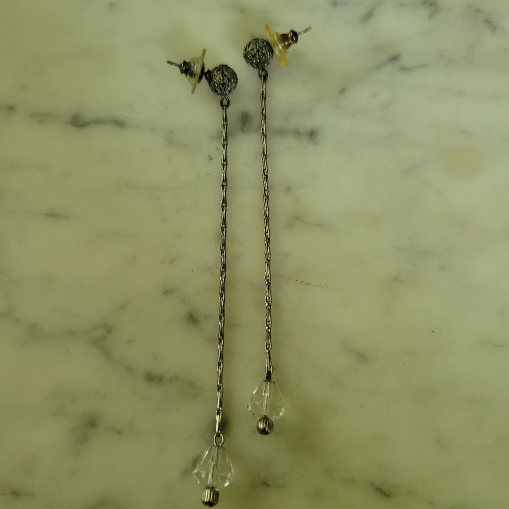 Silver Pendant Earrings with Crystal Drop